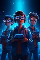 gamer indossare virtuale la realtà bicchieri su futuristico blu neon sfondo ,generativo ai foto