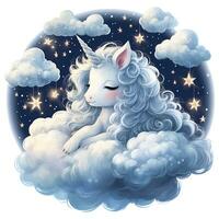 un' carino unicorno guardando su a il stellato cielo e un' tranquillo Luna acquerello illustrazione, ai generativo foto