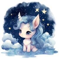 un' carino unicorno guardando su a il stellato cielo e un' tranquillo Luna acquerello illustrazione, ai generativo foto