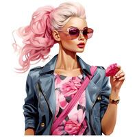 Barbie moda, bellissimo bionda donna nel un' ritratto indossare un' rosa di moda attrezzatura ai generativo foto