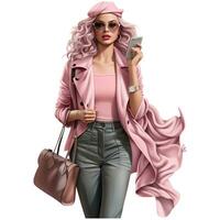 Barbie moda, bellissimo bionda donna nel un' ritratto indossare un' rosa di moda attrezzatura ai generativo foto