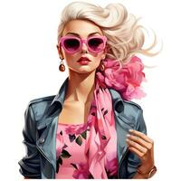 Barbie moda, bellissimo bionda donna nel un' ritratto indossare un' rosa di moda attrezzatura ai generativo foto