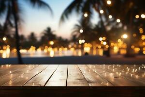 legna tavolo superiore su sfocatura spiaggia festa notte sfondo ai generativo foto