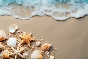 estate sfondo con conchiglie e stella marina su un' sabbioso spiaggia copia spazio ai generativo foto