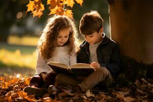 un' bambino è lettura un' libro nel autunno parco. carino bambini avendo divertimento all'aperto ai generativo foto