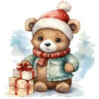 carino orsacchiotto orso Tenere un' pila di Natale i regali su bianca sfondo illustrazione ai generativo foto