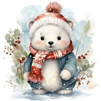 un' bianca polare orso nel un' Santa Claus cappello e sciarpa si siede su un' nevoso sfondo ai generativo foto