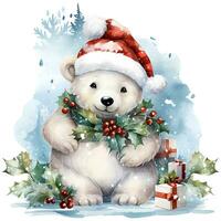 un' bianca polare orso nel un' Santa Claus cappello e sciarpa si siede su un' nevoso sfondo ai generativo foto