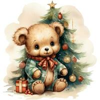 carino orsacchiotto orso nel un' Santa Claus cappello con un' regalo e un' Natale albero ai generativo foto
