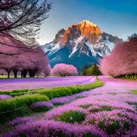 ai generativo montagna nel lavanda azienda agricola foto