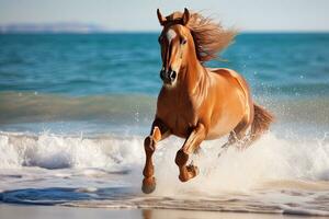 ai generato Marrone cavallo animale nel movimento in esecuzione su il spiaggia luminosa blu cielo fondale foto