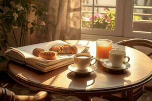 mattina caffè e giornale su un' accogliente prima colazione tavolo. foto