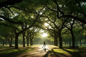 un' persona jogging nel un' parco, godendo loro quotidiano esercizio routine foto