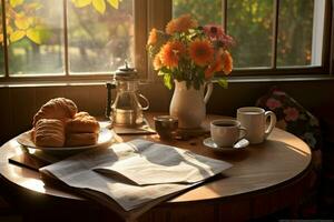 mattina caffè e giornale su un' accogliente prima colazione tavolo. foto