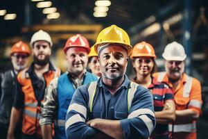 ingegnere squadra pieno professionale qualità per magazzino laboratorio per fabbrica operatori, meccanico ingegneria gruppo di architetti e ingegneri a un' costruzione luogo sorridente. ai generato foto