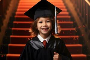 un' bambino prodigio festeggiare la laurea con certificato e cap. ai generato. foto