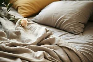 un disfatto letto con bianca biancheria. con coperta su letto disfatto. concetto di rilassante dopo mattina. ai generato foto