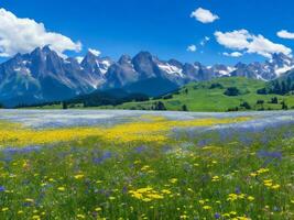 il prato di fiori e montagne ai generato foto