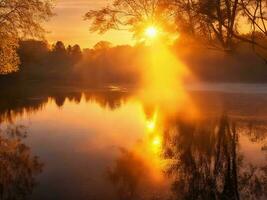 il sole sorge al di sopra di un' fiume nel il mattina ai generato foto