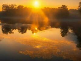 il sole sorge al di sopra di un' fiume nel il mattina ai generato foto