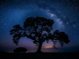 un' maestoso albero staglia contro un' fondale di il vasto notte cielo pieno con stelle ai generato foto