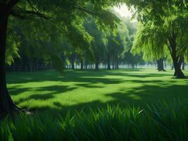 un' verde erboso campo con alberi e erba ai generato foto