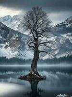 un' solitario albero sta su il riva di un' lago con montagne nel il sfondo ai generato foto