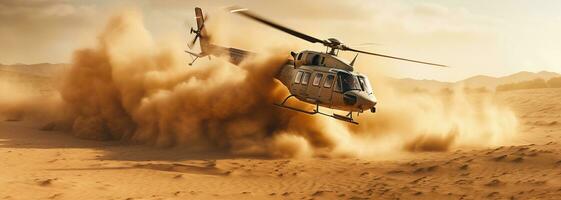 generativo ai, militare elicottero prende via nel di spessore polvere nuvole. foto