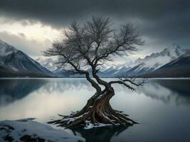 un' solitario albero sta su il riva di un' lago con montagne nel il sfondo ai generato foto