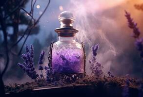 generativo ai, un' bottiglia di essenziale olio con fresco lavanda ramoscelli con Fumo su buio sfondo, erbaceo olio e fiori foto