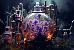 generativo ai, essenziale olio estrazione con distilleria macchina con lavanda fiori foto