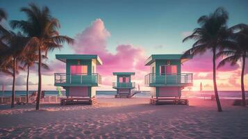 generativo ai, miami spiaggia capanne, estate vibrazioni retrò illustrazione. Vintage ▾ rosa e blu colori, edifici, California palme, anni 80 stile foto