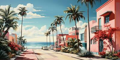 generativo ai, miami estate vibrazioni retrò piatto matisse illustrazione. Vintage ▾ rosa e blu colori, edifici, California palme, anni 80 stile foto