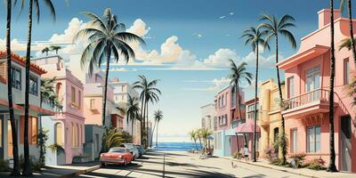 generativo ai, miami estate vibrazioni retrò piatto matisse illustrazione. Vintage ▾ rosa e blu colori, edifici, California palme, anni 80 stile foto