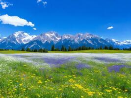 il prato di fiori e montagne ai generato foto