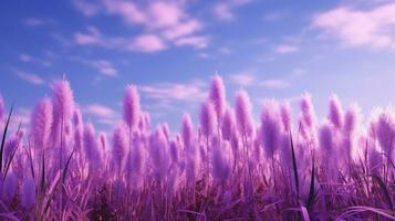 generativo ai, pampa viola lavanda colore erba ramo con cielo. astratto naturale boho sfondo di morbido impianti, cortaderia selloana foto