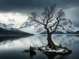 un' solitario albero sta su il riva di un' lago con montagne nel il sfondo ai generato foto