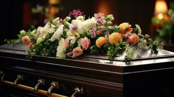 generativo ai, fiori su un' bara nel il funerale o sepoltura Servizi a cimitero, cofanetto con fiori foto