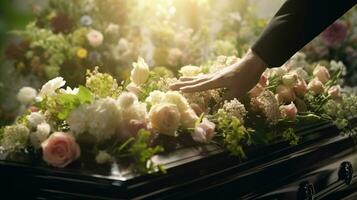 generativo ai, fiori su un' bara nel il funerale o sepoltura Servizi a cimitero, cofanetto con fiori foto