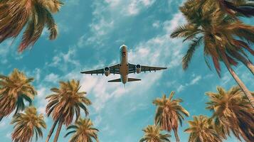 generativo ai, aereo volare al di sopra di un' tropicale isola con palma alberi. viaggiare, vacanza concetto. bellissimo cielo sfondo foto