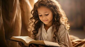 carino bambino ragazza lettura Bibbia libro. culto a casa. ai generato foto