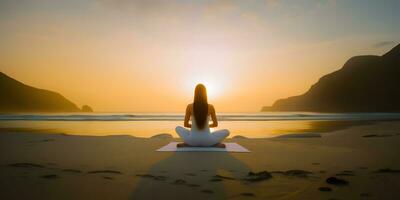 giovane donna fare yoga all'aperto. sfondo di bellissimo spiaggia. ai generato foto