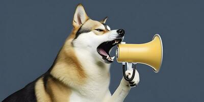 animale domestico cane annunciando utilizzando mano oratore. notifica, avvertimento, annuncio. ai generato foto