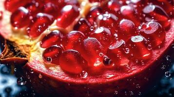 generativo ai, macro fresco succoso metà di Melograno frutta con gocce di acqua sfondo. avvicinamento foto