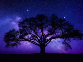 un' maestoso albero staglia contro un' fondale di il vasto notte cielo pieno con stelle ai generato foto