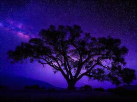 un' maestoso albero staglia contro un' fondale di il vasto notte cielo pieno con stelle ai generato foto