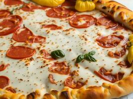 un' Pizza con formaggio e peperoni su un' di legno tavola ai generato foto