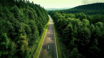 generativo ai, aereo Visualizza di strada fra verde foresta, verde paesaggio foto