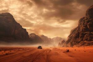 generativo ai, via strada auto guida su un' avvolgimento montagna deserto strada, circondato di mozzafiato visualizzazioni di il aspro terreno foto