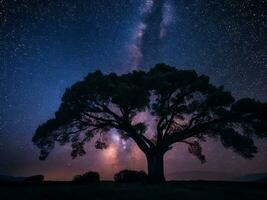 un' maestoso albero staglia contro un' fondale di il vasto notte cielo pieno con stelle ai generato foto